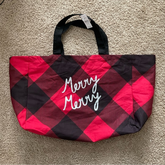 LOFT Red & Black buffalo plaid holiday Christmas Extra Large Tote bag - Picture 1 of 6